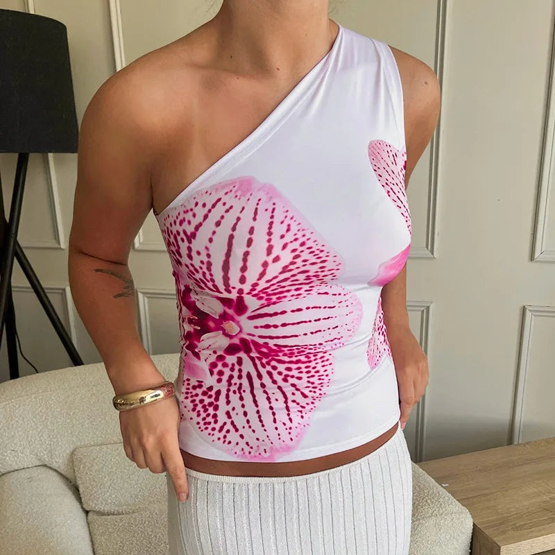 Territory Floral Print Fitted Tops Women Resort Wear Graphic Tees Summer 2024 Casual One Shoulder Backless Tank Top Y2K Clothing