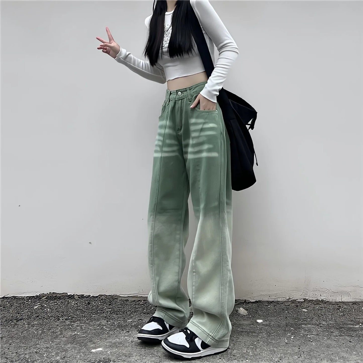 Territory Contrasting Green Pants High Waist Straight Wide Leg Baggy Jeans Harajuku Fashion Vintage Y2k Streetwear Women Casual Trousers