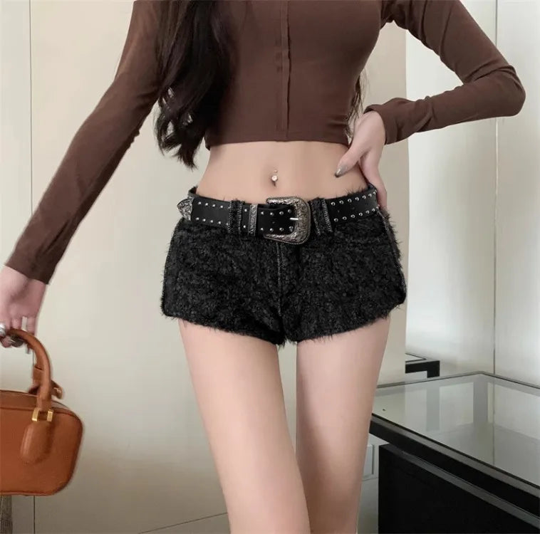 Territory American Style Coffee Shorts for Women 2024 Autumn/Winter Low-waisted  Y2k Grunge Fluffy Casual Short Pants Mujer