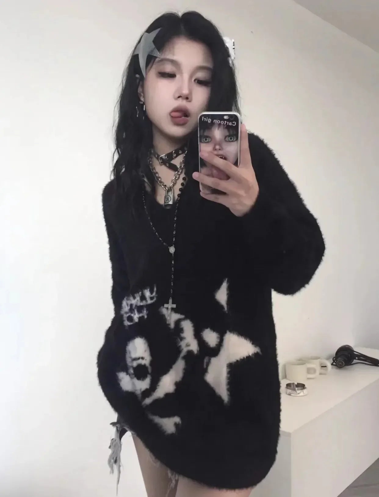 Territory Black Gothic Skulls Sweater Grunge Dark Aesthetics Knitted Jumper V-neck Harajuku Loose Mohair Pullover Emo Alt Knitwear Y2k