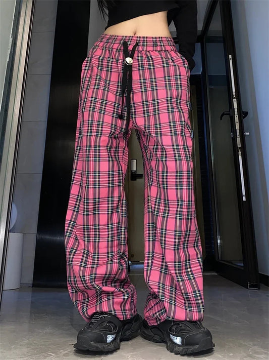 Territory Harajuku Pink Plaid Pants Women Cyber Y2K Egirl Wide Leg Checked Trousers Female Oversize Streetwear Edgy Style Sweatpants