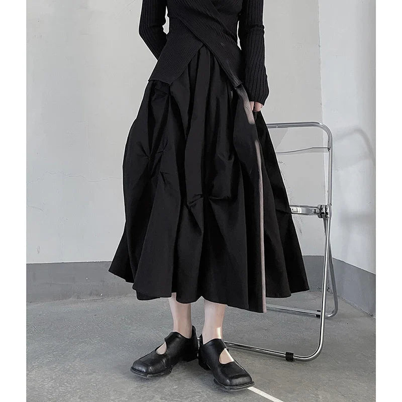 Territory Gothic Pleated Midi Skirts Women Y2K High Waist Folds A Line Skirt Streetwear Korean Harajuku Elegant Slim Chic Ball Gown