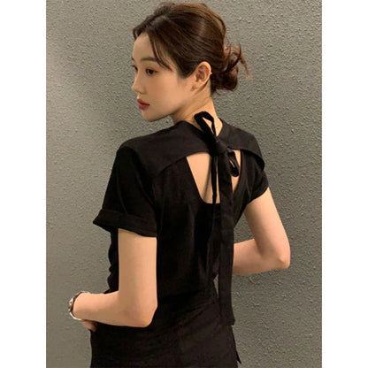 Territory Elegant T Shirts Women Korean Tie Bow Bandage Hollow Out Tops Office Lady Summer Fashion Short Sleeve Lace Up Casual Tees