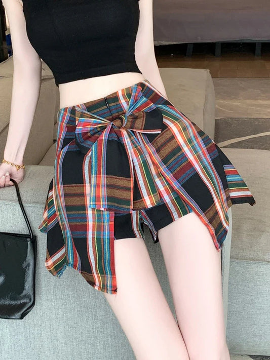 Territory Fashion Vintage Shorts Bow Patchwork Plaid Irregular Contrast Color High Waist Mini Skirts Summer Female Slim Women's Clothing