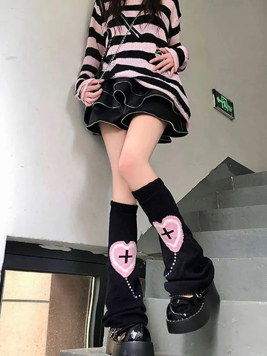 Territory 1 pair of knitted wide leg sock sleeves with love cross Y2K girls' matching calf sleeves for winter warmth wool knitted sock sle