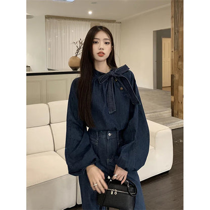 Territory Elegant Bow Denim Shirts Women Vintage Bandage Jeans Blouses Streetwear Korean Puff Long Sleeve Casual All Match Tops New