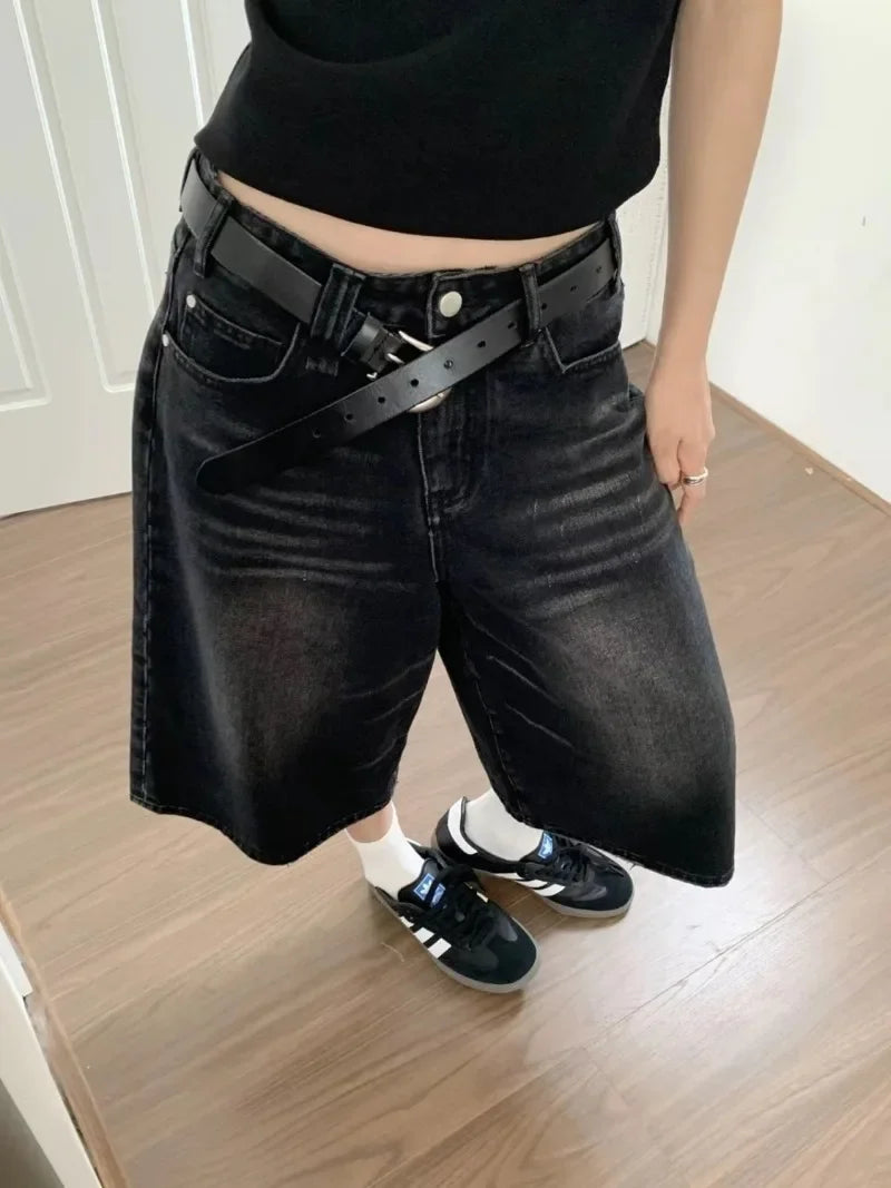 Territory 2024 Y2k Retro Women Low Rise Jorts Brushed Black Wash Cropped Baggy Jeans Wide Leg Frayed Denim Short Pants Acubi Fashion