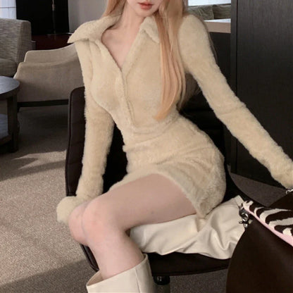 Territory Polo Collar Button Sexy Slim Cashmere Long-sleeved Dress Women 2024 Spring New Korean Solid Color All Match Knitted Mini Dress