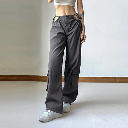 Territory Grey Cargo Pants Woman American Style Summer Drawstring The Pocket Casual Trousers Design Sense Streetwear Wide Leg Sweatpants