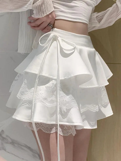 Territory Kawaii White Ruffle Mini Skirt Women Korean Fashion Cute Short Skirt Lady Summer Bandage Lace Double-layer High Waist Sexy Skirt