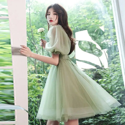 Territory Green Sweat Puff Sleeve Lady Girl Women Princess Bridesmaid Banquet Party Ball Prom Short Dress Gown Sexy Bandeau Backless Club