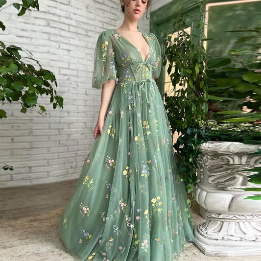 Territory  Green Embroidery Lace Prom Dresses Puff Sleeves A-Line Long Wedding Party Gowns Open Back Tulle Evening Dress