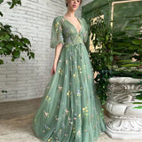 Territory  Green Embroidery Lace Prom Dresses Puff Sleeves A-Line Long Wedding Party Gowns Open Back Tulle Evening Dress