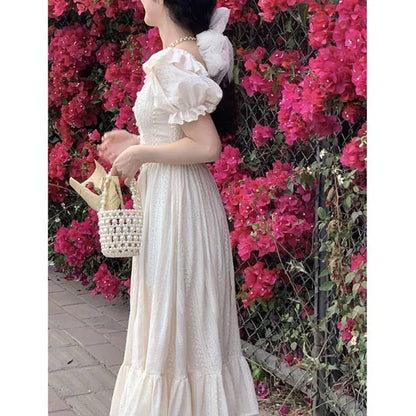 Territory Elegant Square Collar White Dress Summer Fashion Puff Sleeve Ruffle Dress for Women 2024 Chic Vintage Maxi Dresses 2024  New