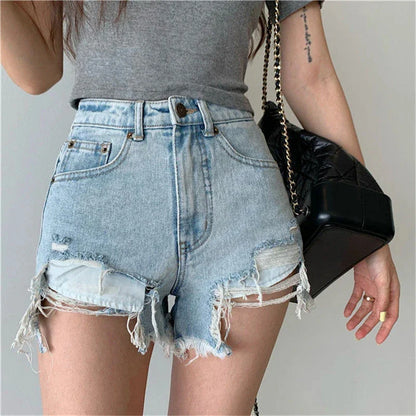 Territory Hole Denim Shorts Women Y2K Frayed Tassel Jean Shorts Summer Streetwear Korean High Waist Slit Slim Casual Hot Pants New