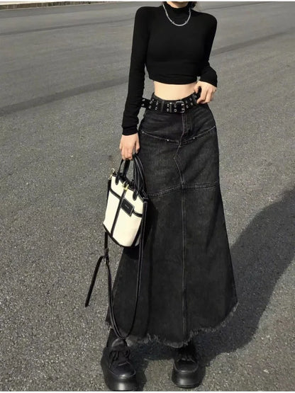 Territory Denim Skirts Women High Waist Distressed Vintage American Streetwear Ulzzang  Students Spring Chic Trendy Gothic Faldas