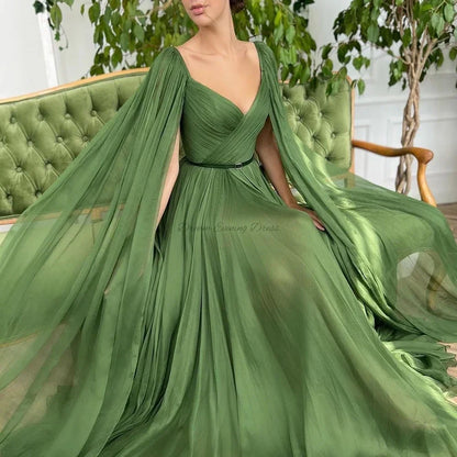 Territory Elegant Green Chiffon Deep V-Neck Dubai Arab Evening Dress A-line Shawl Sleeves Formal Occasion Prom Dresses 2024 For Women