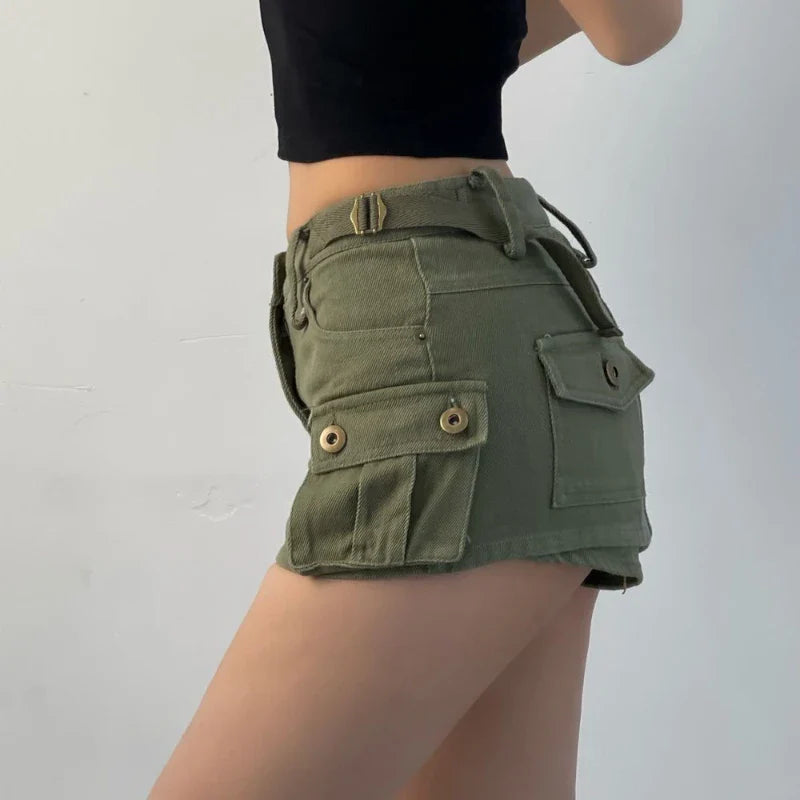 Territory Denim Cargo Mini Skirt Women Korean Style Low Waist Slim Sexy Vintage Streetwear Green Jean Skirt Y2k Girl Summer