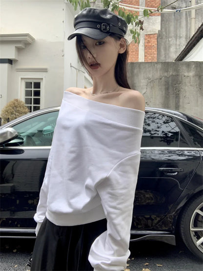 Territory  All Match Sweatshirts Women Slash Neck Sexy Slim Office Lady Full Sleeve Autumn Vintage Off Shoulders Daily