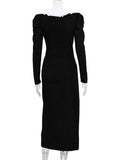 Territory Fashion 2024 Fall Peter Pan Collar Mid-calf Evening Party Dresses for Women Elegant Double Breasted Black Office Work Dress