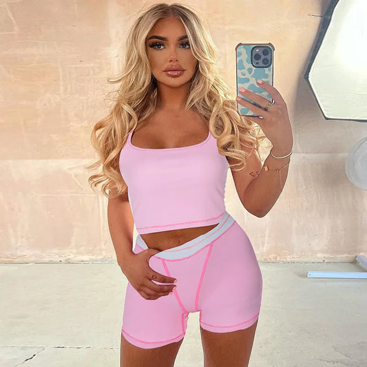 Territory Ribbed Two Piece Set Crop Top And Shorts Pink Outfits For Woman Workout Set Baddie Summer Clothes Women Sporty Clothes