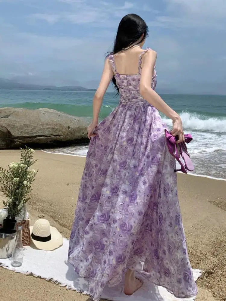 Territory French Vintage Purple Print Long Dresses for Women 2023 Summer Sexy Backless Sleeveless Ruffles Beach Holiday Female Clothing