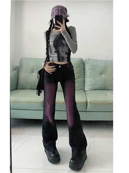 Territory American Style Black Purple Denim Pants Y2k E-Girl Vintage High Waist  Flare  Autumn New Tie Dye Straight Trousers