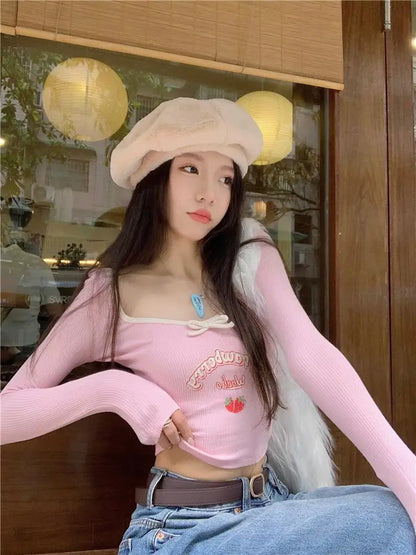 Territory Coquette Egirl Letter Pink Crop T-shirts Women Y2k Kawaii Cute Long Sleeve Tees Korean Fashion Sweet Slim Corset Tops