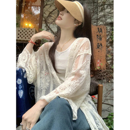 Territory Lace Embroidery Midi Shirts Women Vintage Long Sleeve Bandage Blouses Summer Vacation Beach Korean Sunscreen Cardigan Tops