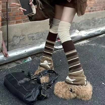 Territory Japanese Striped Brown Star Leg Warmers Knitted Double-sided Woolen Stocking Flared Y2K Leg Cover Jk Winter Stocking Stockings