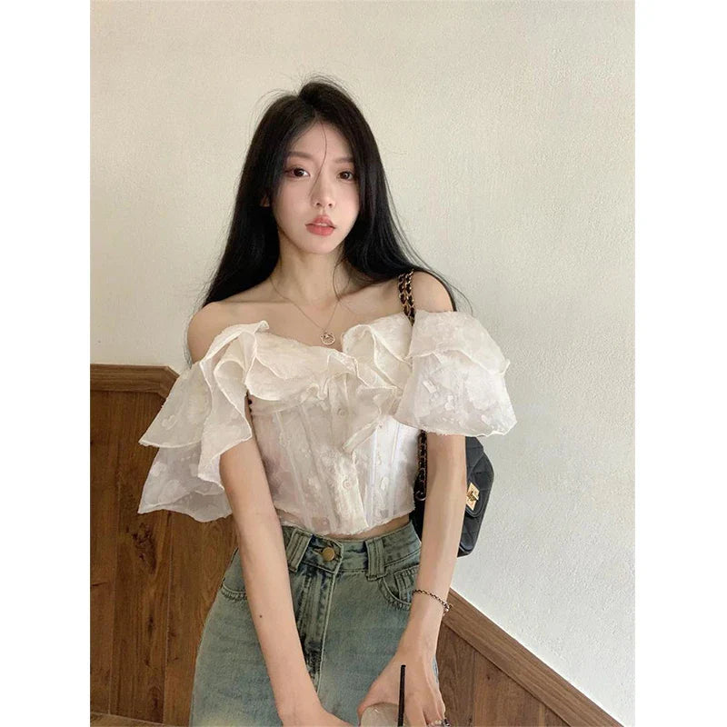 Territory Cropped Slash Neck Shirts Women Fashion Black Sexy Off Shoulder Blouses Summer Korean Office Ladies Elegant Slim Crop Tops