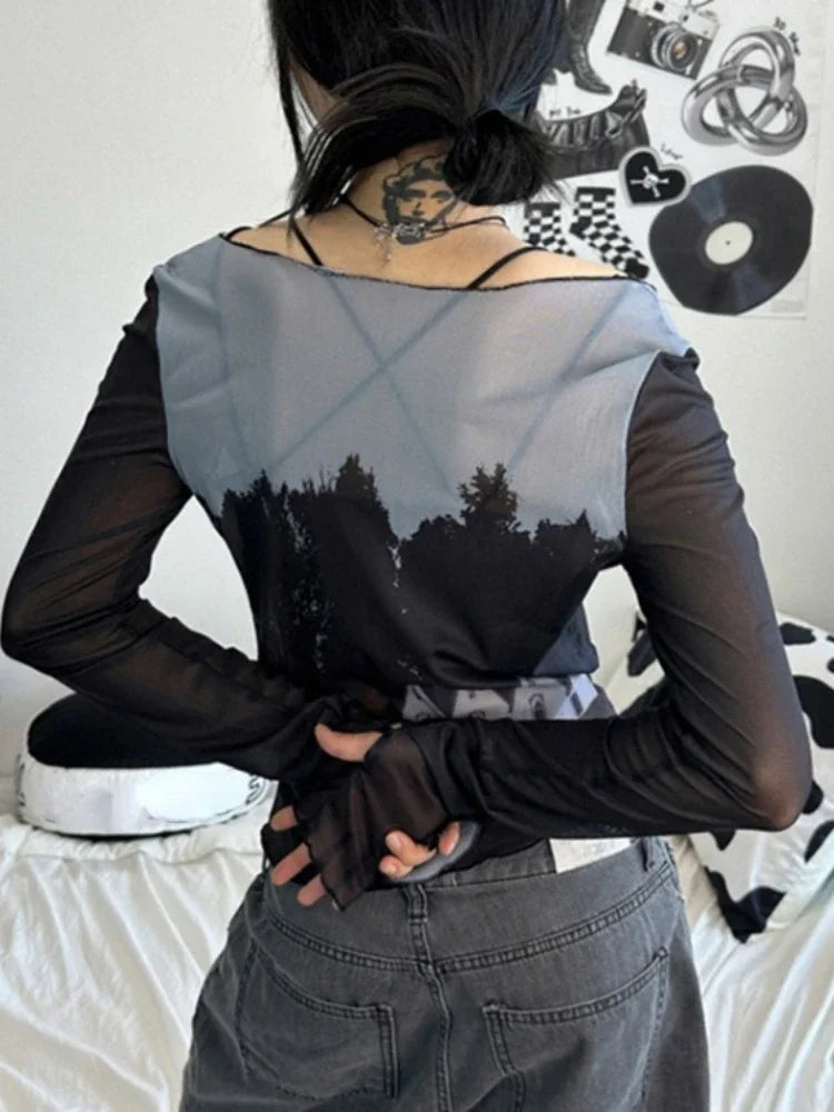 Territory See Through Gauze Vintage Print Crop Top Autumn Long Sleeve Fashion Bottoming Tshirts Y2k Aesthetic Harajuku Slim Women T-shirt