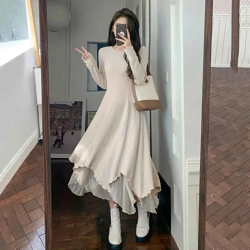 Territory Autumn Elegant Knit Midi Dress Women Korean Fashion Streetwear Mesh Patchwork Dress Harajuku Irregular O Neck Long Sleeve Dress