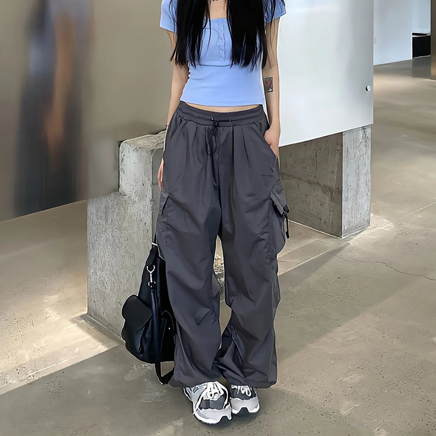 Territory Drawstring Baggy Grey Cargo Pants Women High Waist Black Pants Streetwear Boyfriend Jogging Casual Straight Wide Leg Trousers