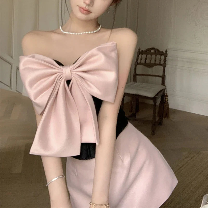 Territory 2024 Summer New Streetwear Contrast Color Bow Patchwork Sexy Slim Camisole Women + High Waist A-line Skirt Two-piece Suit