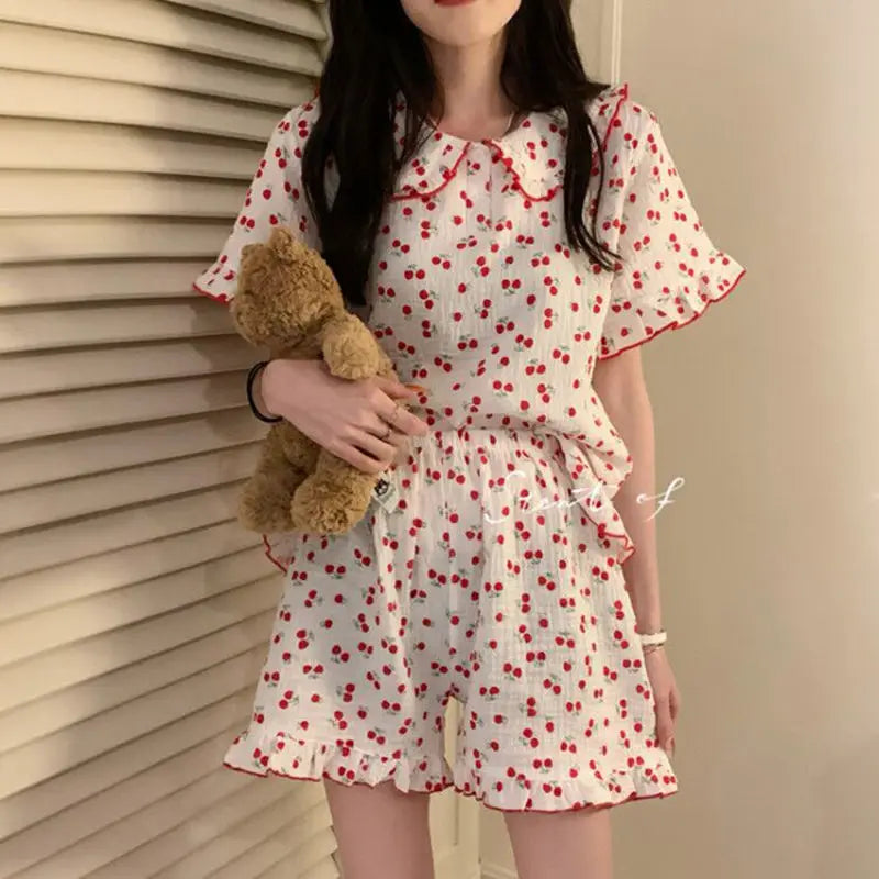 Territory Cotton Sleepwear Korean Pajamas for Women Summer 2024 Pijama Cherry Print Pyjamas Female Set Woman 2 Piece Cute Loungewear