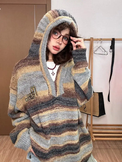 Territory Hooded Fashion Knitted Striped Clashing Pullover Sweaters Women Casual Loose Long Sleeve Jumper Vintage Female Streetwear