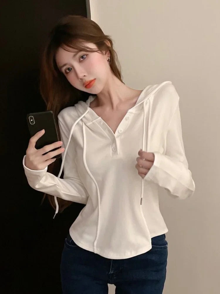 Territory Korean Style Slim Crop Hoodies Women Pullovers Kpop Solid Hooded Sweatshirt White Long Sleeve Tops Autumn Fashion