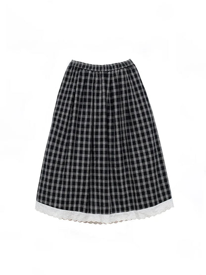 Territory Harajuku Plaid Long Skirts Women Japanese Vintage Lace Preppy High Waist A Line Midi Skirt Korean Fashion Casual Female Faldas