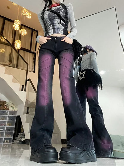 Territory American Style Black Purple Denim Pants Y2k E-Girl Vintage High Waist  Flare  Autumn New Tie Dye Straight Trousers