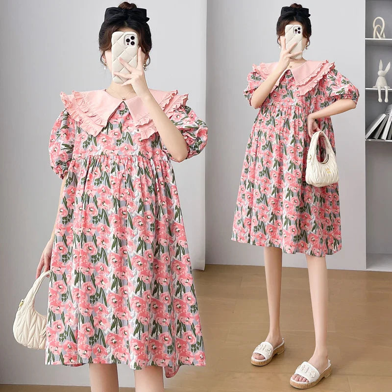 Territory Korean Style Double Layers Peter Pan Collar Puff Sleeve Plus Size Pregnant Woman Floral Dress Knee-length Maternity Dress Loose