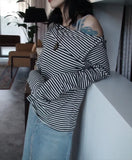 Territory Black Gray Contrast Striped Tee Shirt Autumn New Lapel Neck Off Shoulder T-shirts Y2k Grunge Long Sleeve Tops Graphic T Shirts