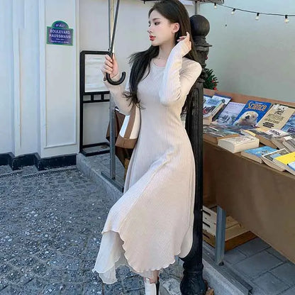 Territory Autumn Elegant Knit Midi Dress Women Korean Fashion Streetwear Mesh Patchwork Dress Harajuku Irregular O Neck Long Sleeve Dress