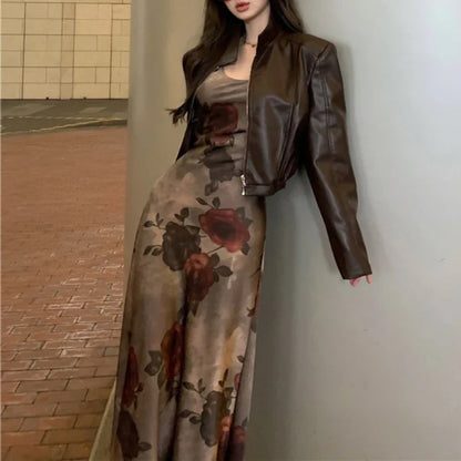 Territory 2024 Autumn New Korean Lapel Solid Color Casual Leather Long-sleeved Jacket Women + Floral Tie-dyed Sling Dress Two-piece Suit