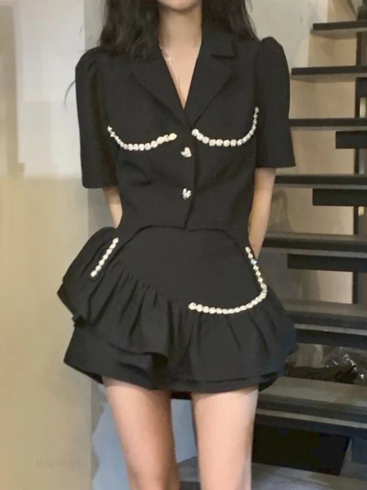 Territory Black Sexy Vintage Two Piece Set Women Korean Fashion Elegant Party Mini Skirt Set Female Button Casual Retro Skirt Suit