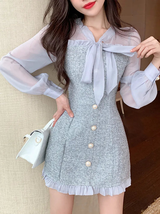 Territory New Spring Vintage Sexy See-through Chiffon Patchwork Tweed Mini Dress Women Ribbon Bow Single-breasted Long Sleeve Party Dress