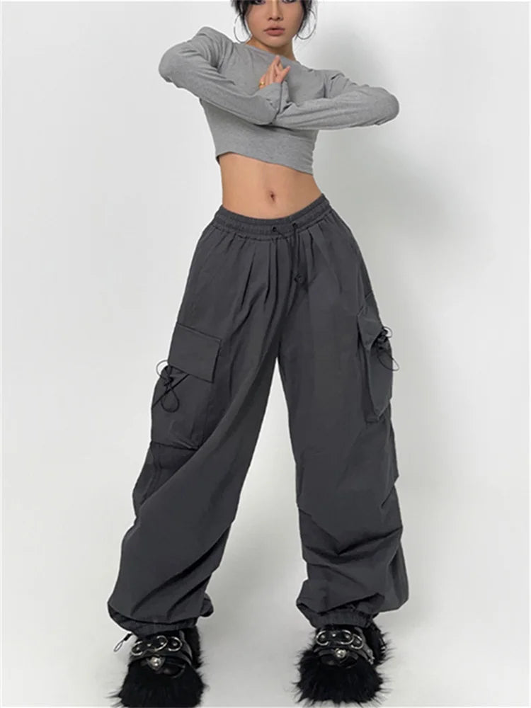 Territory Cyber Y2K Red Parachute Pants Women Kpop Streetwear Gray Cargo Trousers Oversized Egirl Punk Black Wide Leg Pantalones