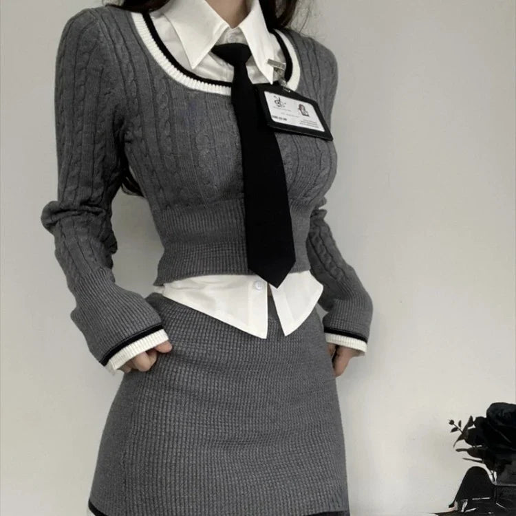 Territory Fashion Knitted Suit Woman Y2k Crop Tops Sweater + Casual Shirt  Slim Bodycon Mini Skirt Korean 3 Piece Set  2024 Autumn