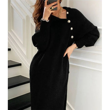 Territory Elegant Knitted Midi Dress Women Vintage Turtleneck Sweater One Piece Dresses Winter Korean Black Lace Up Chic Vestidos