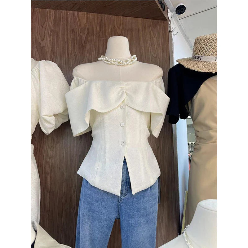 Territory Elegant Cropped White Shirts Women Korean Fashion Sexy Slash Neck Blouses Summer Office Ladies Ruffles Short Sleeve Tops